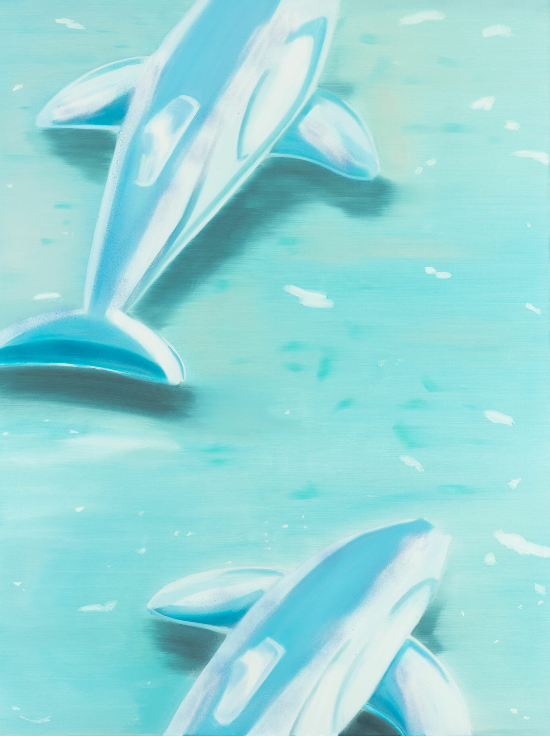 Felicija Dudoit – Inflatable dolphins, 2024, oil and aerosol spray on canvas, 140x185